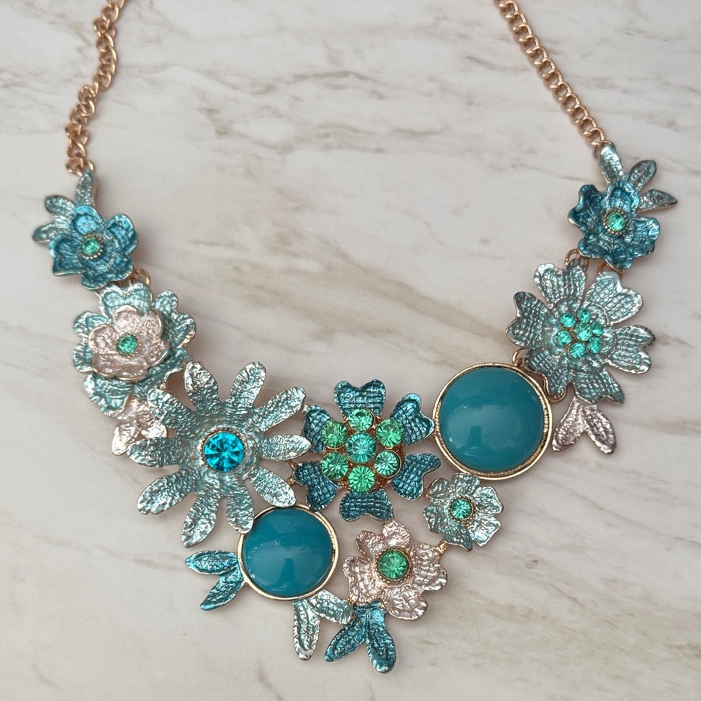 Floral Statement Necklace in Teal and Gold
